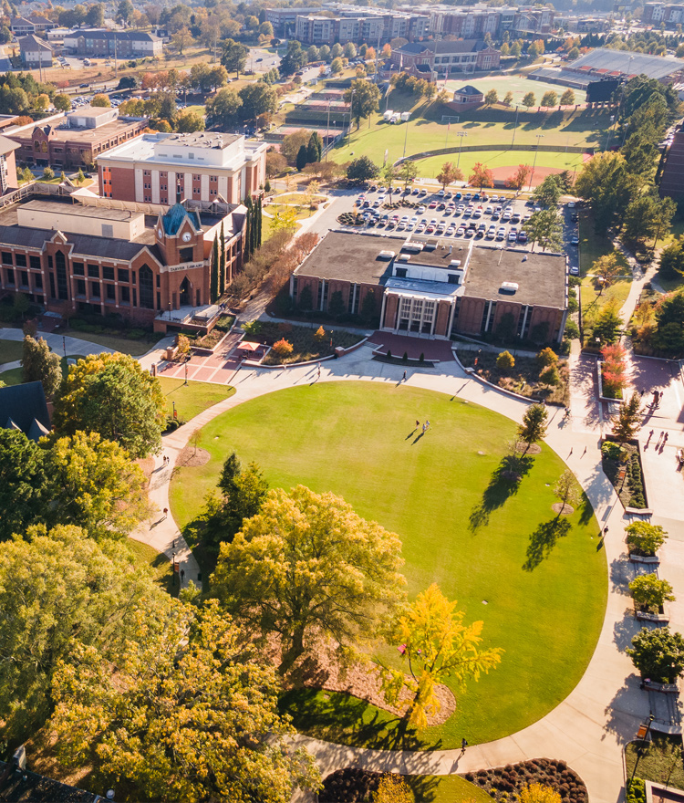 An aerial photo of Cruz Plaza on the Macon campus